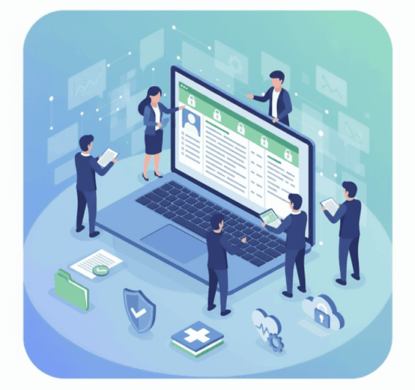 Ilustracja przedstawiająca zespół ludzi pracujących nad wdrożeniem przepisów RODO (Ochrona Danych Osobowych) w placówce medycznej, z dużym laptopem wyświetlającym dane pacjentów i ikony zabezpieczeń. W tle widoczne elementy medyczne i technologiczne.