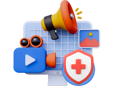 3D ilustracja komputera z ikonami reprezentującymi marketing medyczny, w tym megafon, kamera, obrazek oraz tarcza z symbolem krzyża medycznego