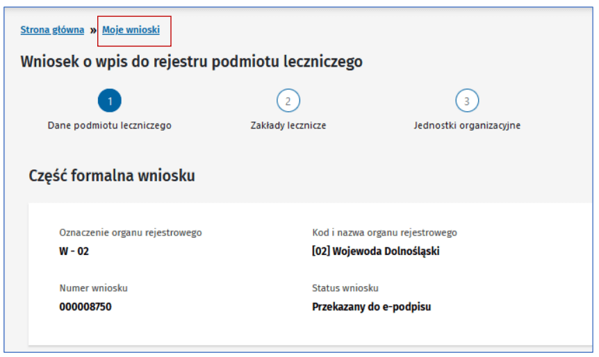 Szczegóły wniosku w RPWDL – status Przekazany do e-podpisu, wybór organu rejestrowego (Wojewoda) oraz widoczne etapy: Podmiot, Zakłady, Jednostki.