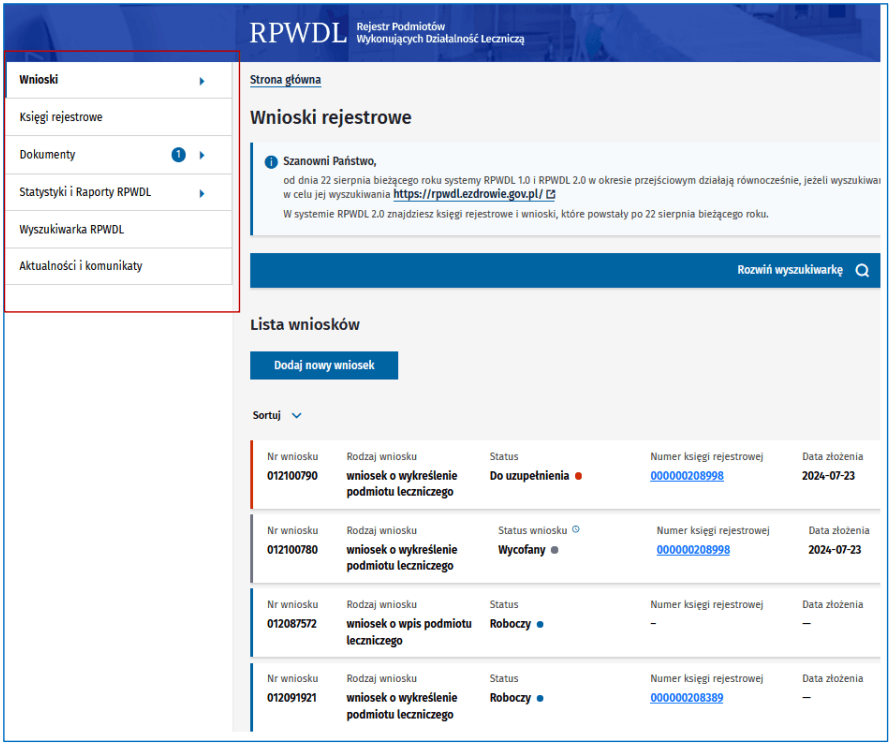 Panel użytkownika systemu RPWDL 2.0 – widok menu Wnioski, przycisk Dodaj nowy wniosek oraz lista statusów spraw (roboczy, do uzupełnienia, wycofany).