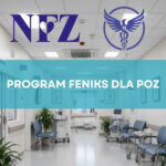 Program FENIKS dla POZ – grafika z logotypami NFZ i programu na tle korytarza przychodni lekarskiej.