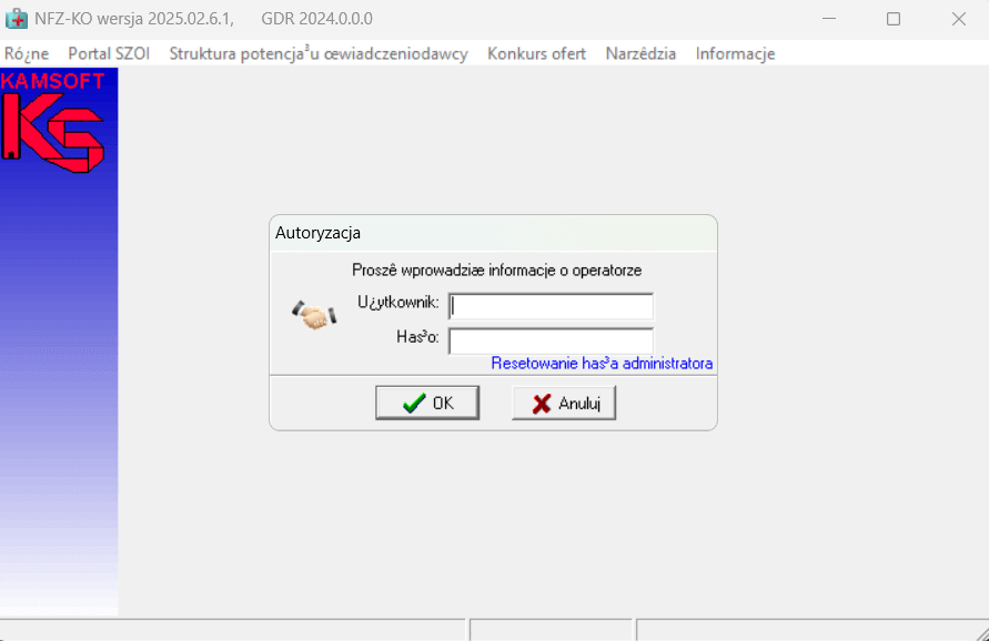 Ekran logowania do programu NFZ-KO słuzącego do tworzenia ofert konkursowych