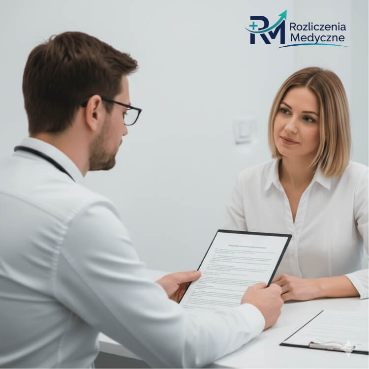 Konsultant omawiający z managerem placówki medycznej gotowy wniosek do POZ,