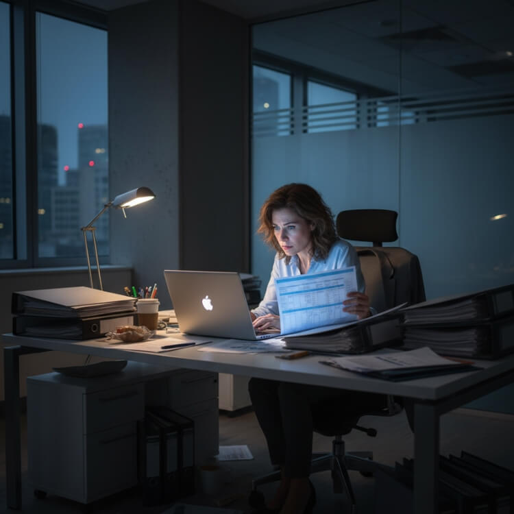 Zmęczony manager placówki medycznej pracujący nocą nad dokumentami i ofertą dla rehabilitacji do NFZ.