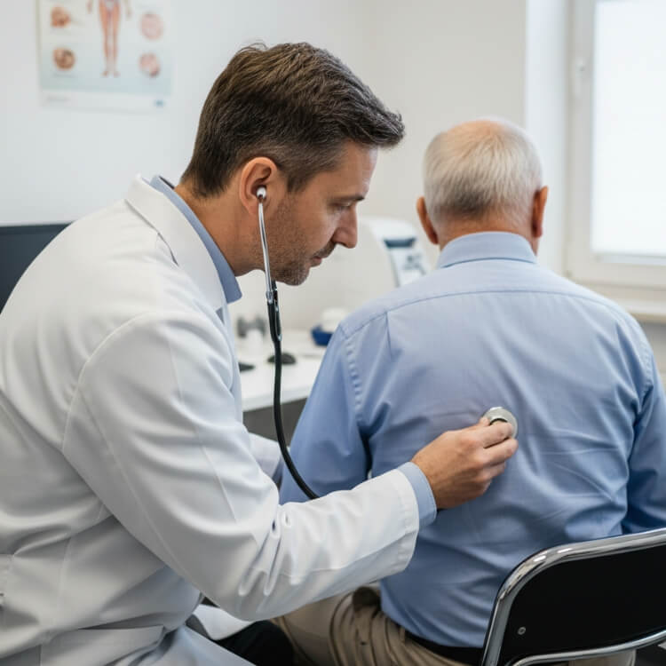 Lekarz POZ w białym kitlu i okularach osłuchuje stetoskopem plecy starszego pacjenta, siedzącego tyłem do widza. Scena ma miejsce w gabinecie lekarskim.
