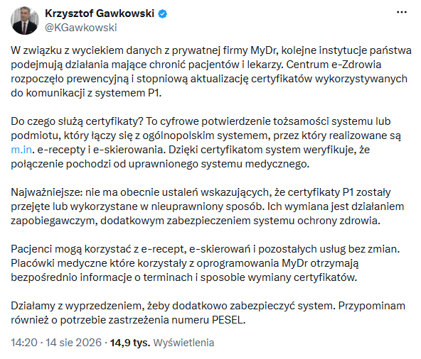 Wpis Krzysztofa Gawkowskiego z 14 sierpnia 2026 r. o wycieku danych MyDr i prewencyjnej wymianie certyfikatów P1
